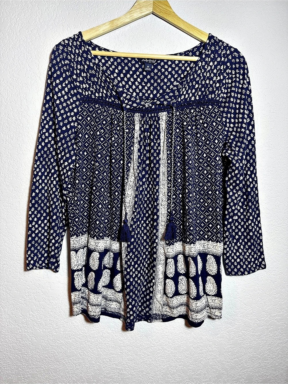 Lucky Brand Blue Paisley Print Tassel Peasant Blouse Blue & White Paisley Tassel
